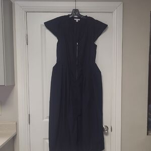 Women's Navy Cap-Sleeve Midi Dress with Front Zip